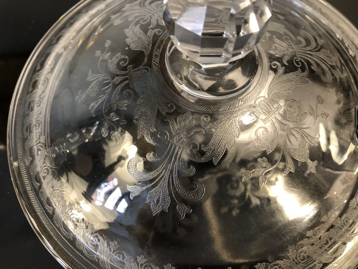 Fruit Bowl, Candy Dish, Jam, Engraved Crystal, Circa 1900-photo-2