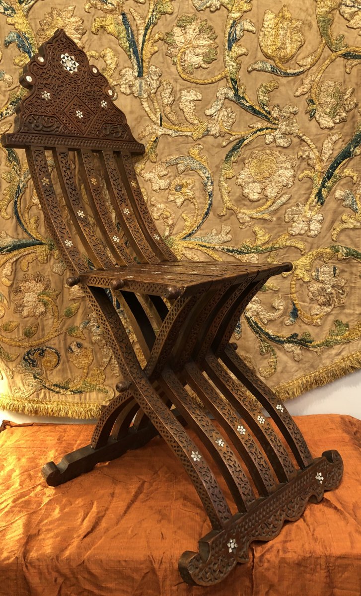 Folding Chair In Carved Wood, Syria, XIXth Century-photo-2