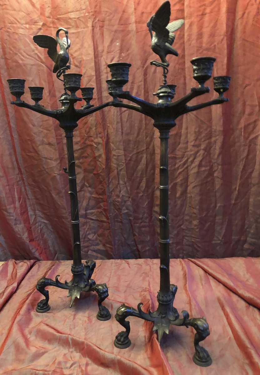 Paire de Candélabres,bronze,aux Hérons,XIXème Siècle -photo-2