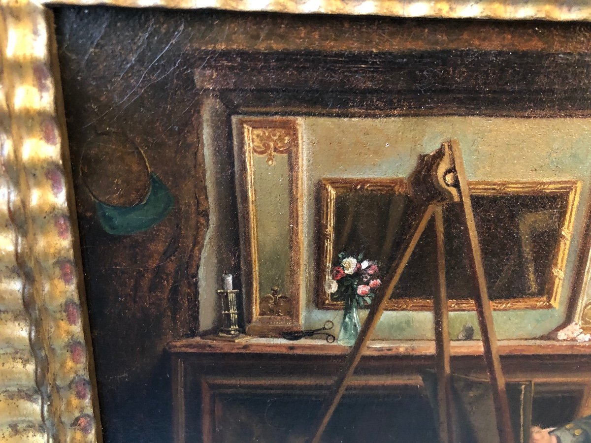 Tableau,huile Sur Toile,peintre dans Son Atelier,début XIXème Siècle -photo-1