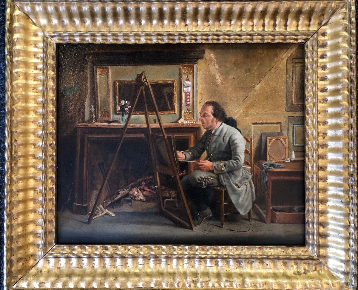 Tableau,huile Sur Toile,peintre dans Son Atelier,début XIXème Siècle -photo-5