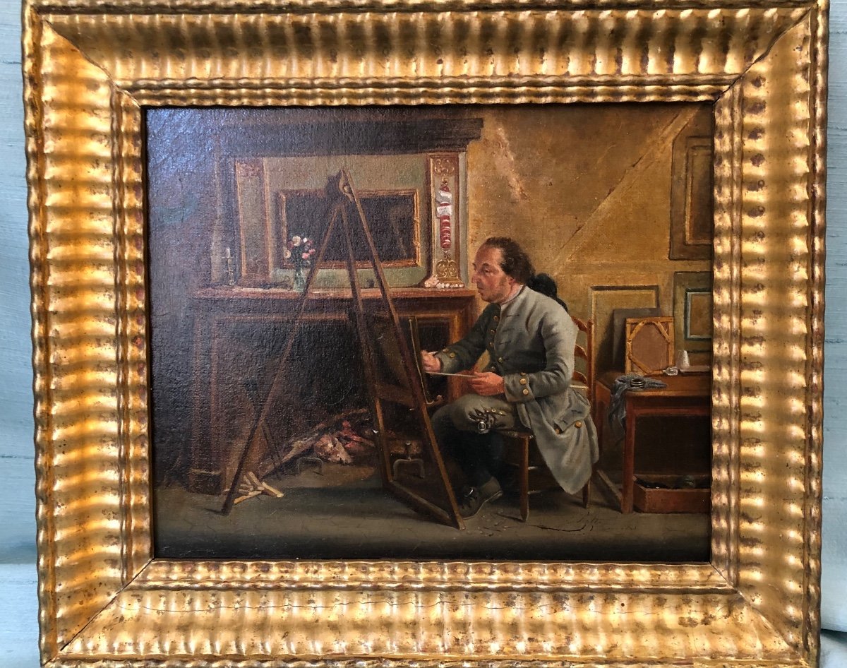 Tableau,huile Sur Toile,peintre dans Son Atelier,début XIXème Siècle 