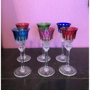 Series Of 6 Colored Crystal Glasses Saint Louis, Tommy, 20th Century 