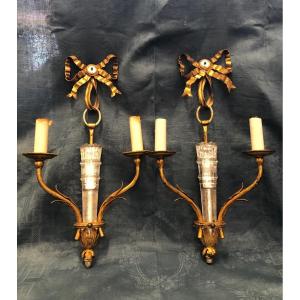 Pair Of Sconces, Gold Metal And Crystal, 20th Century 