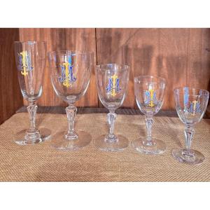 Series Of Painted Enameled Crystal Glasses, 19th Century 