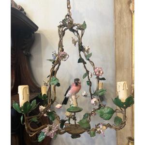 Lustre cage fer polychrome et porcelaine,début XX ème siècle 