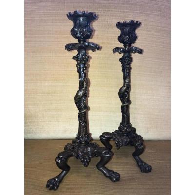 Pair Of Candlesticks, Bronze, Nineteenth Century