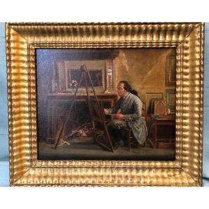 Tableau,huile Sur Toile,peintre dans Son Atelier,début XIXème Siècle 