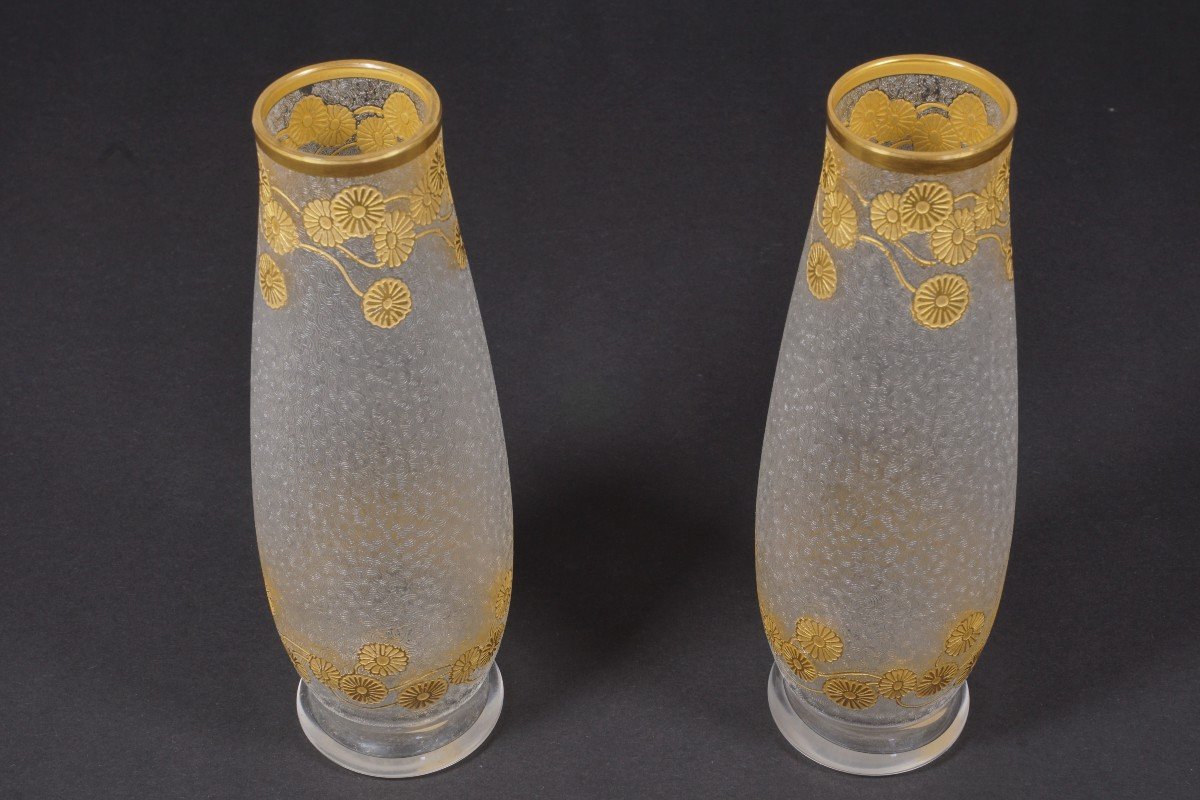 Pair Of Saint Louis Crystal Vases Encrusted With Gold-photo-4