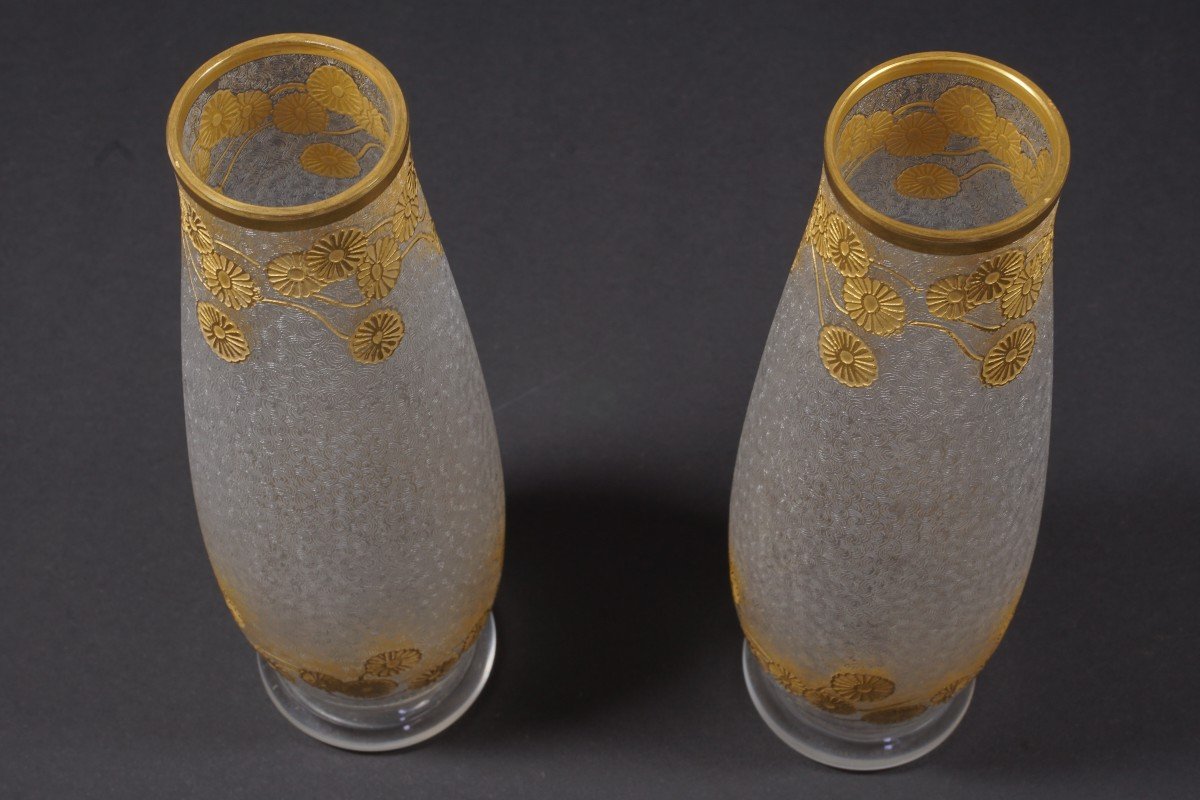 Pair Of Saint Louis Crystal Vases Encrusted With Gold-photo-1