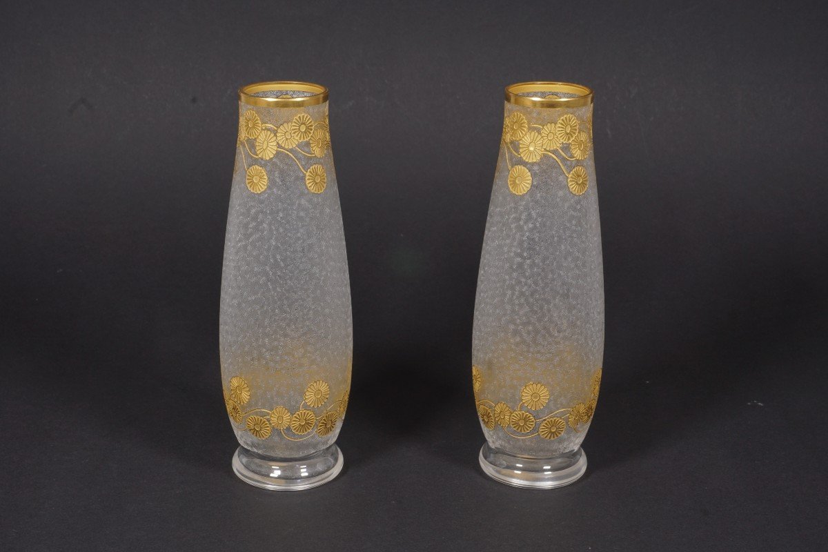 Pair Of Saint Louis Crystal Vases Encrusted With Gold-photo-3