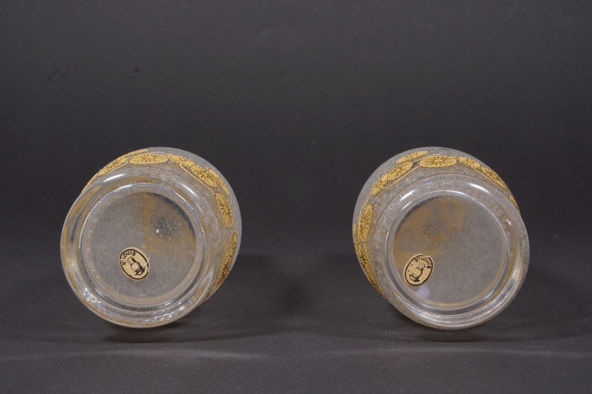 Pair Of Saint Louis Crystal Vases Encrusted With Gold-photo-4