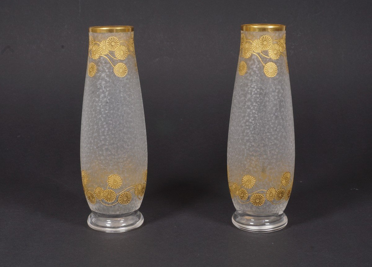 Pair Of Saint Louis Crystal Vases Encrusted With Gold-photo-5
