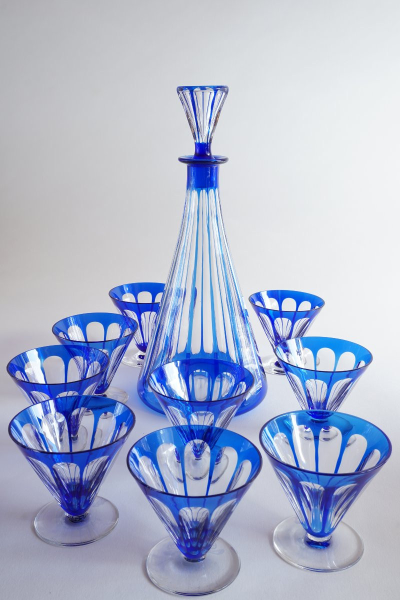 Baccarat Rex Blue Crystal Decanter And 9 Glasses-photo-1