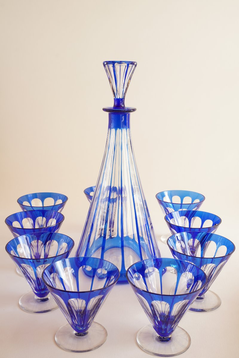 Baccarat Rex Blue Crystal Decanter And 9 Glasses-photo-3