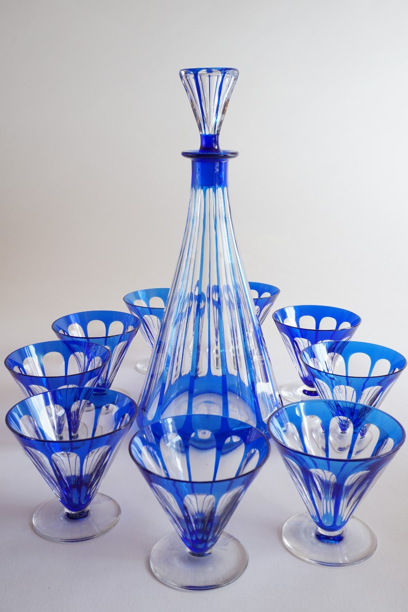 Baccarat Rex Blue Crystal Decanter And 9 Glasses