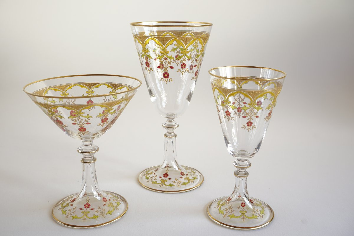 Set Of 36 Gilded And Enamelled Baccarat Crystal Glasses Similar To The Beaune Model-photo-3