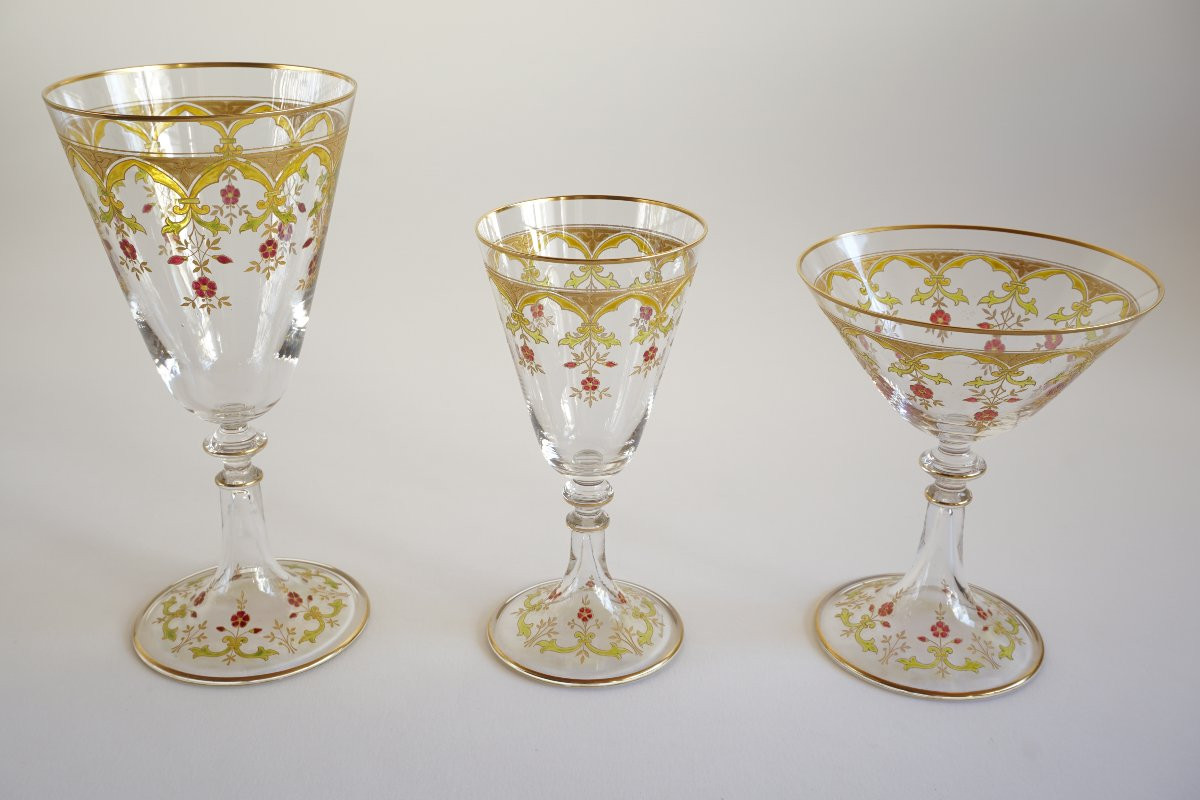 Set Of 36 Gilded And Enamelled Baccarat Crystal Glasses Similar To The Beaune Model-photo-4