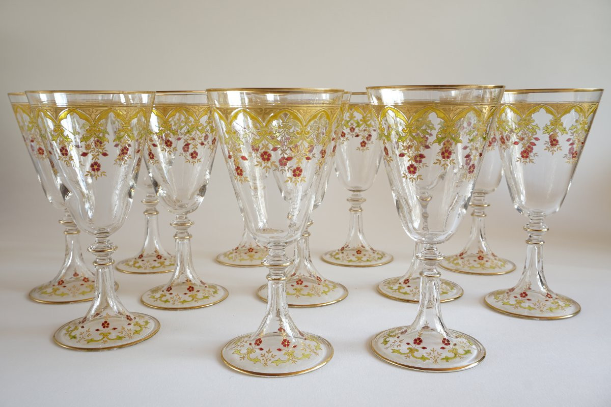 Set Of 36 Gilded And Enamelled Baccarat Crystal Glasses Similar To The Beaune Model-photo-3