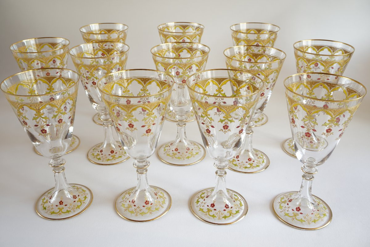 Set Of 36 Gilded And Enamelled Baccarat Crystal Glasses Similar To The Beaune Model-photo-6