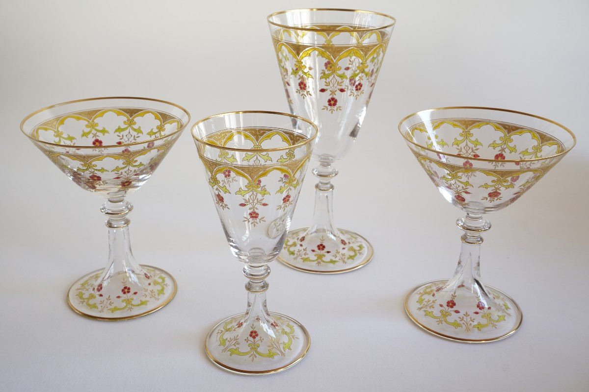 Set Of 36 Gilded And Enamelled Baccarat Crystal Glasses Similar To The Beaune Model