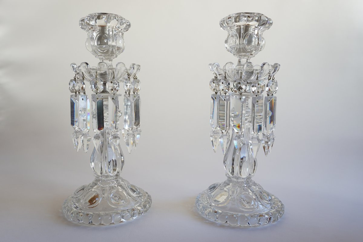 Pair Of Baccarat Crystal Torches, Medallion Model-photo-3