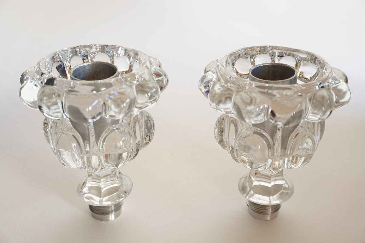 Pair Of Baccarat Crystal Torches, Medallion Model-photo-2