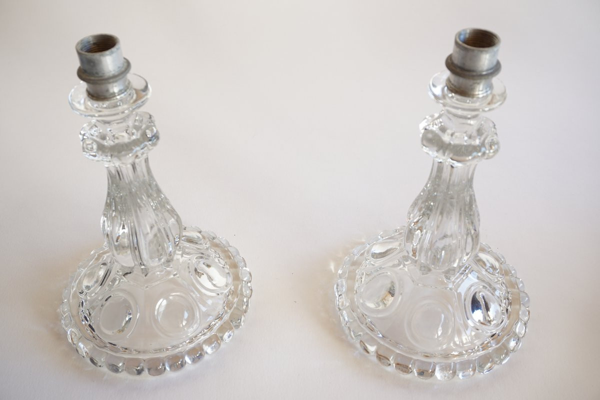 Pair Of Baccarat Crystal Torches, Medallion Model-photo-6