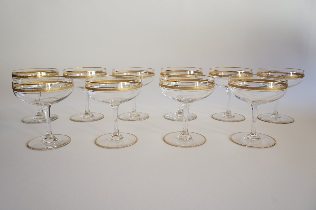 10  coupes champagne cristal Saint Louis, Baccarat  doré ?-photo-4
