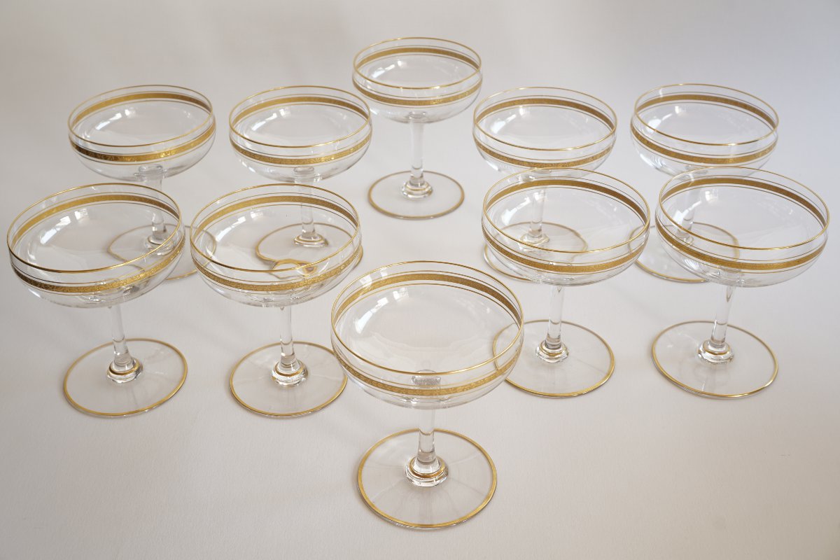 10  coupes champagne cristal Saint Louis, Baccarat  doré ?-photo-5