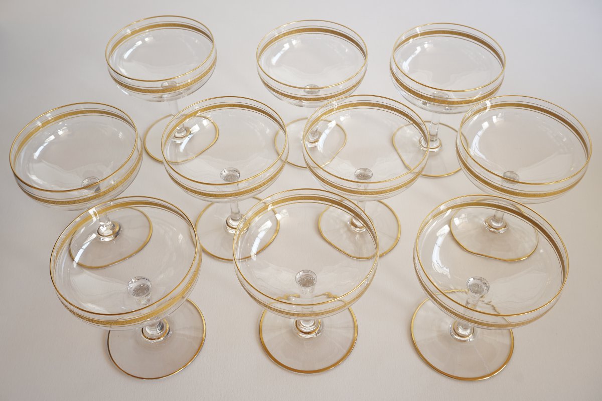 10  coupes champagne cristal Saint Louis, Baccarat  doré ?-photo-6