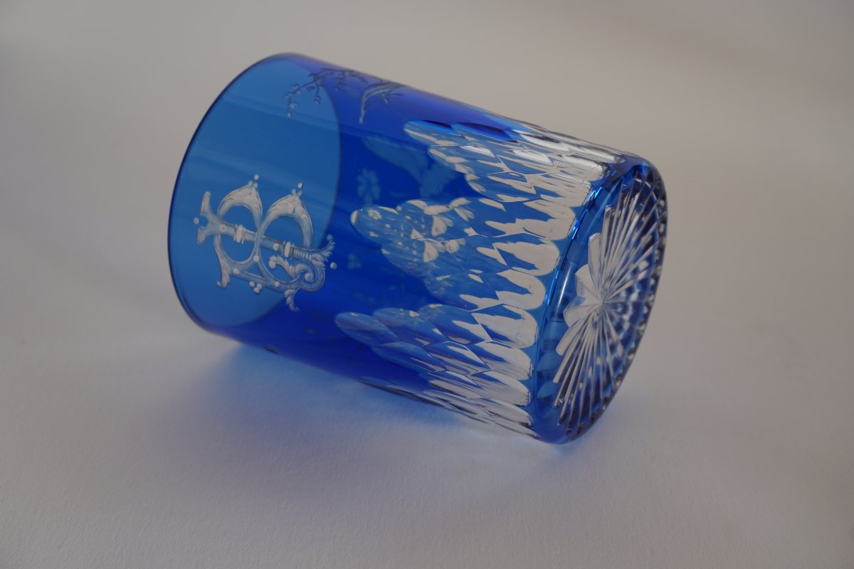Baccarat Crystal Glass, Tumbler Blue Overlay Engraved-photo-2