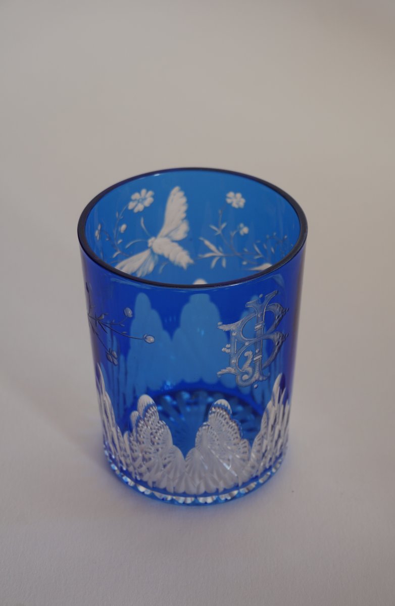 Baccarat Crystal Glass, Tumbler Blue Overlay Engraved-photo-3
