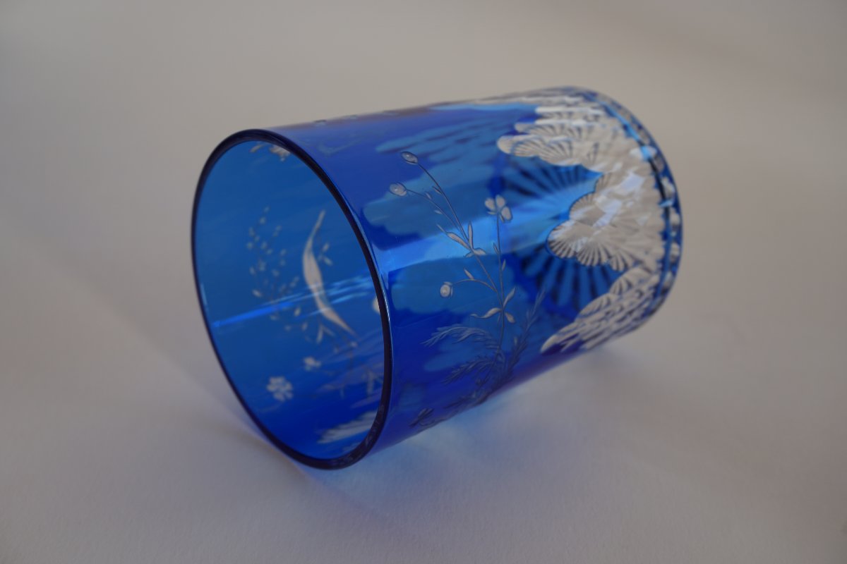 Baccarat Crystal Glass, Tumbler Blue Overlay Engraved-photo-4