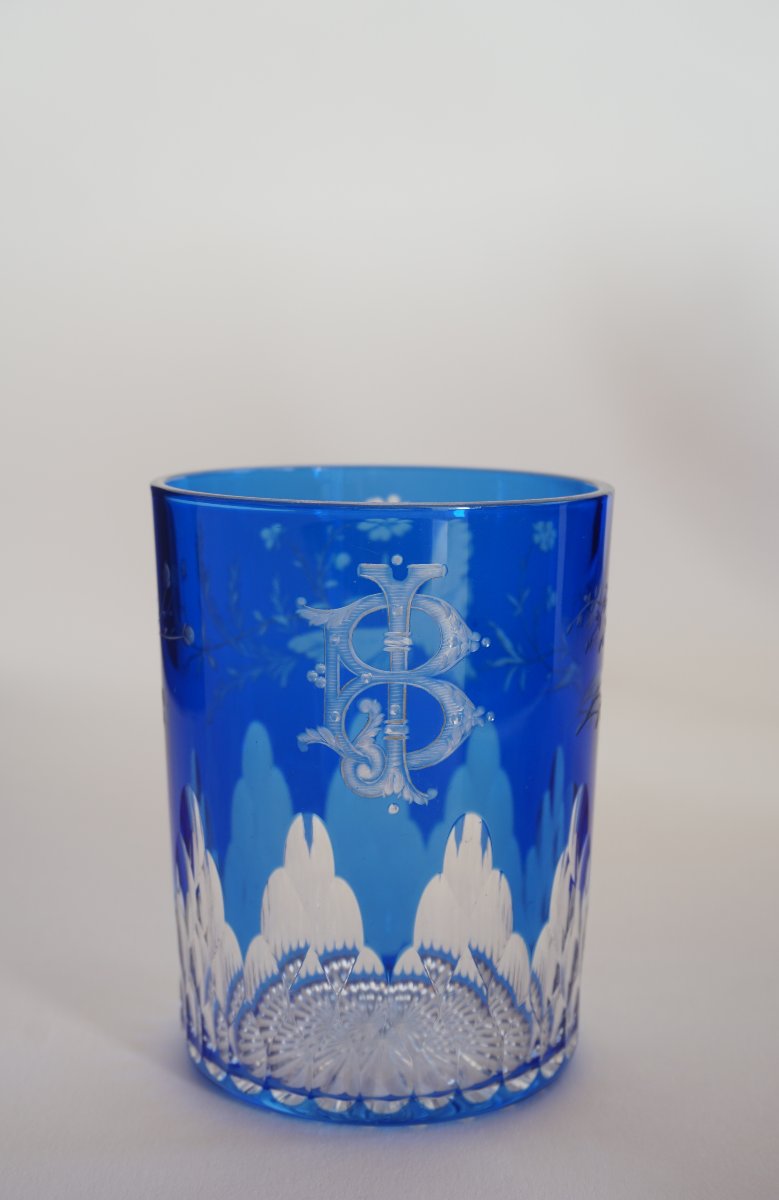 Baccarat Crystal Glass, Tumbler Blue Overlay Engraved-photo-1