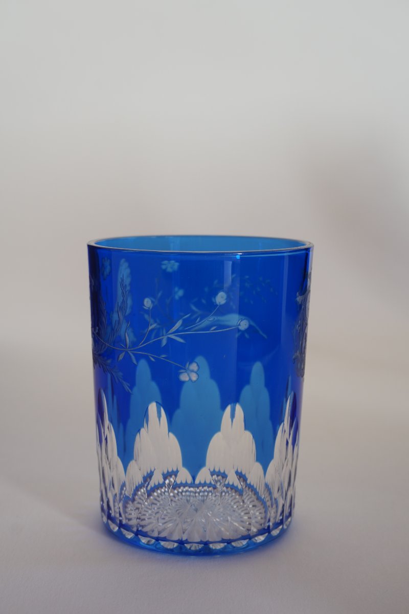 Baccarat Crystal Glass, Tumbler Blue Overlay Engraved-photo-2