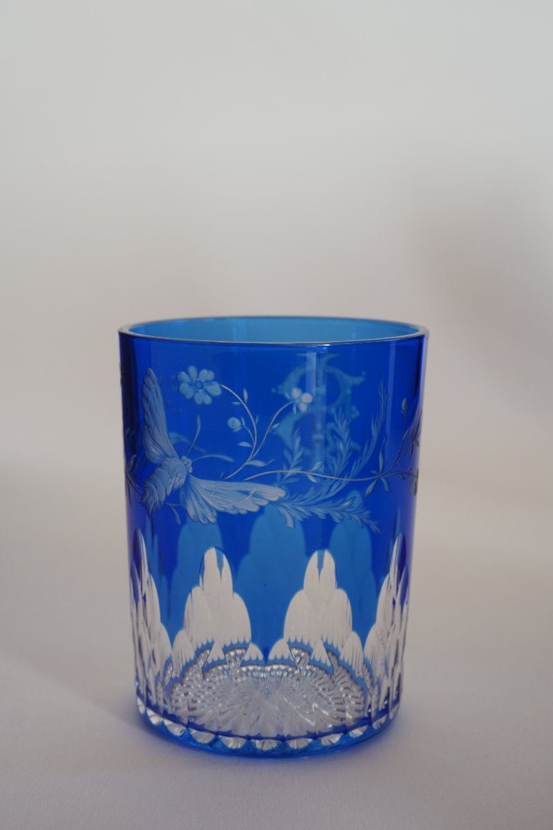 Baccarat Crystal Glass, Tumbler Blue Overlay Engraved-photo-3