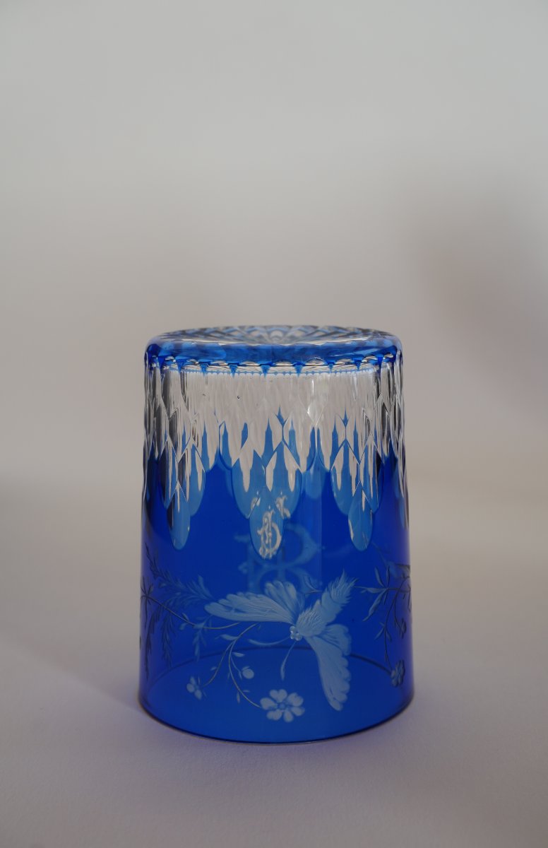 Baccarat Crystal Glass, Tumbler Blue Overlay Engraved-photo-5