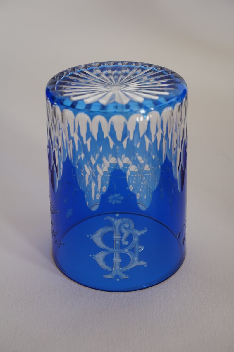 Baccarat Crystal Glass, Tumbler Blue Overlay Engraved-photo-6