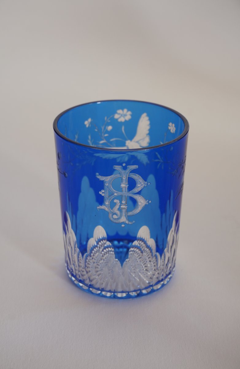 Baccarat Crystal Glass, Tumbler Blue Overlay Engraved-photo-7