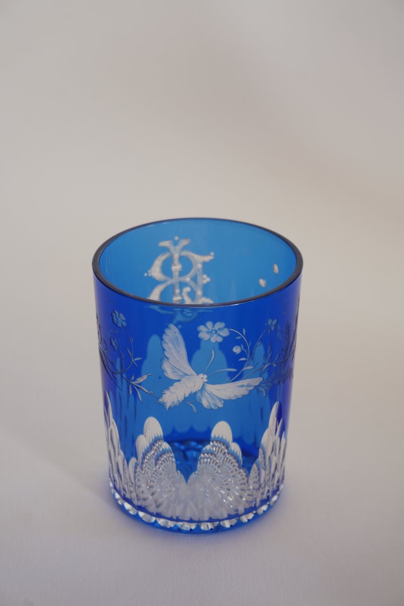 Baccarat Crystal Glass, Tumbler Blue Overlay Engraved-photo-8