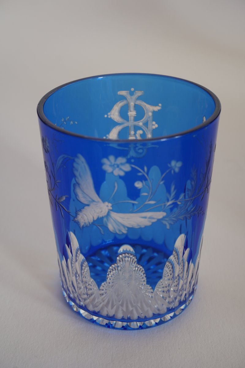 Baccarat Crystal Glass, Tumbler Blue Overlay Engraved
