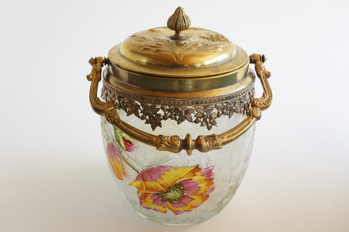Seau à biscuits, bonbonnière cristal Baccarat émaillé