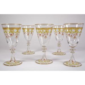 5 Engraved And Enamelled Crystal Glasses Baccarat Close To Beaune Model