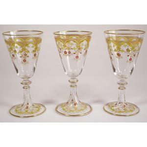 3 Baccarat Enameled Crystal Wine Glasses Close To Beaune Model