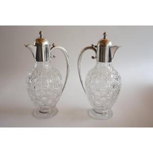 Pair Of Baccarat And Christofle Ewers And Wine Jugs