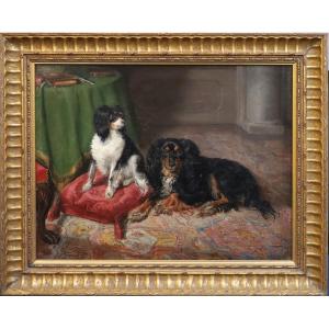 19th Century Painting Depicting Two Spaniels In An Interior By Henry Edwin Landseer
