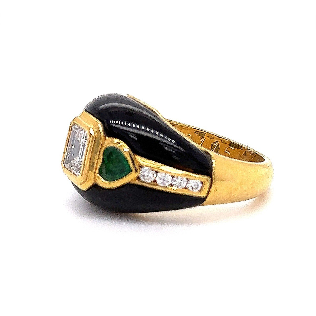 "elegant Vintage 18 Kt Yellow Gold Ring With Diamonds, Onyx & Emerald"-photo-3