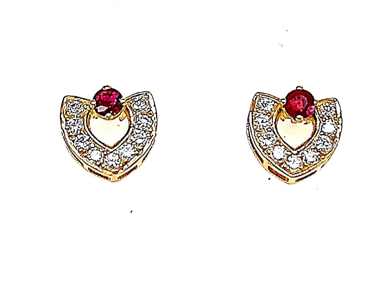 Boucles D’oreilles Or Jaune  Diamants & Rubis 