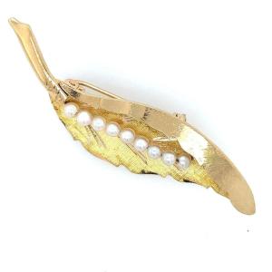 Vintage Two-tone Gold Leaf Brooch With Pearl 